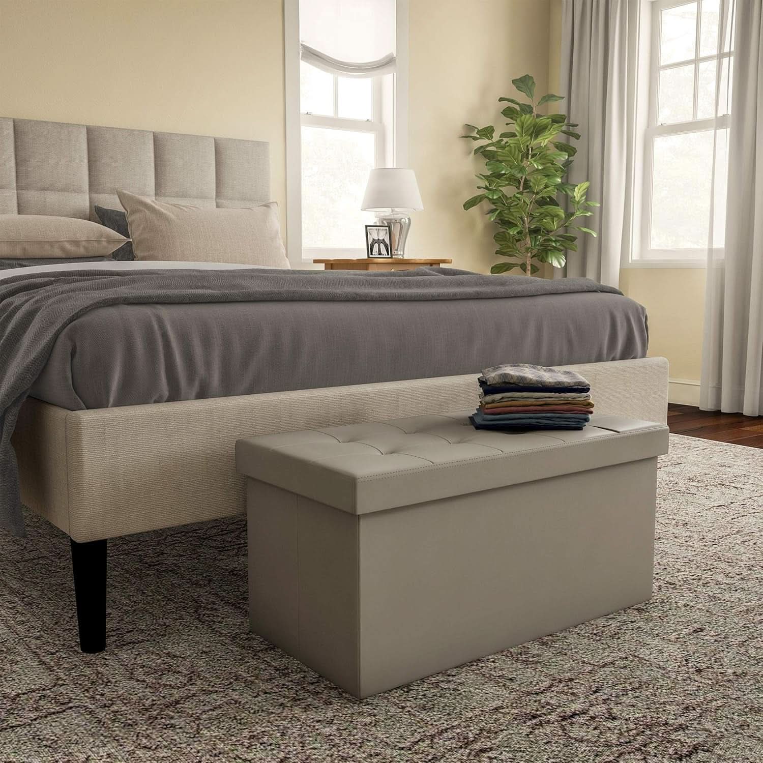 30-inch gray storage ottoman bench with padded faux leather lid and internal divider — view 5