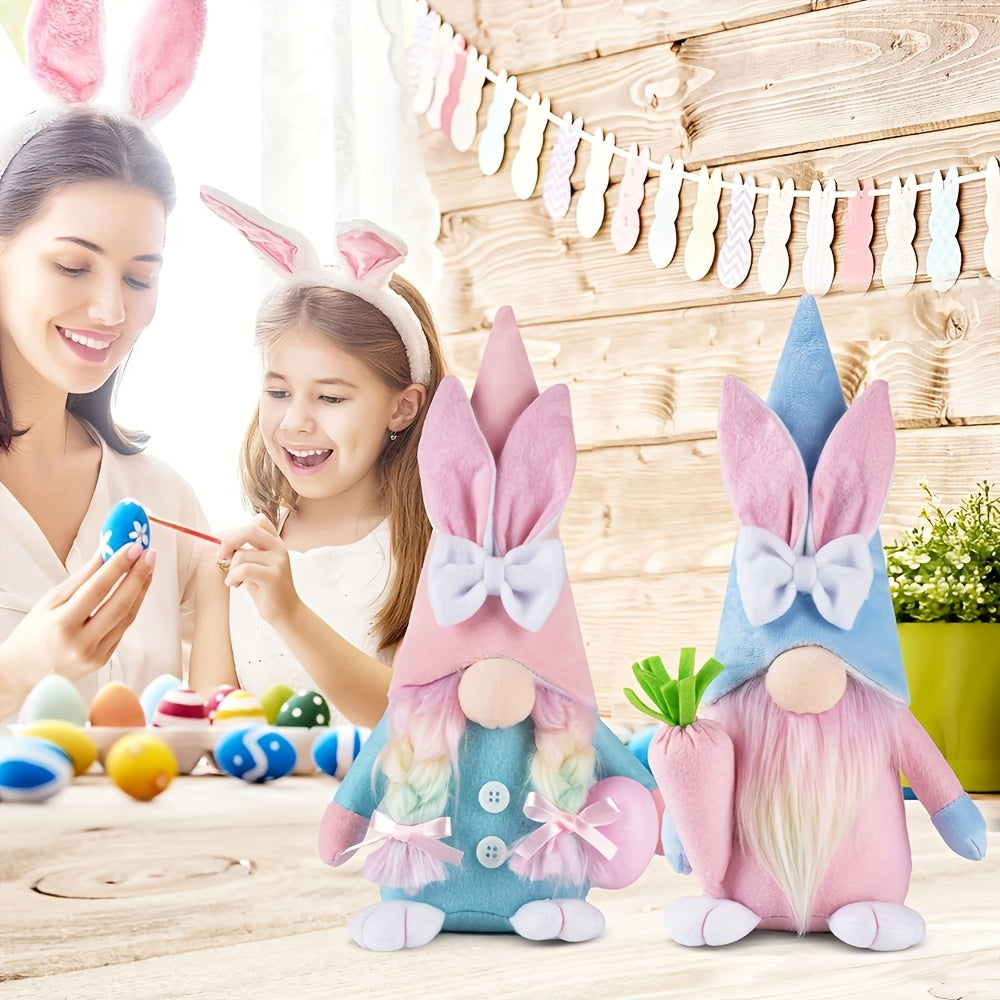 Two soft textile Easter gnome plush toys in vibrant pink and azure colors standing upright — view 5