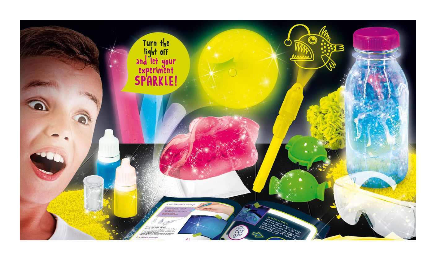 Glow in the dark science kit box with bright green liquids test tubes and experiment tools — view 4