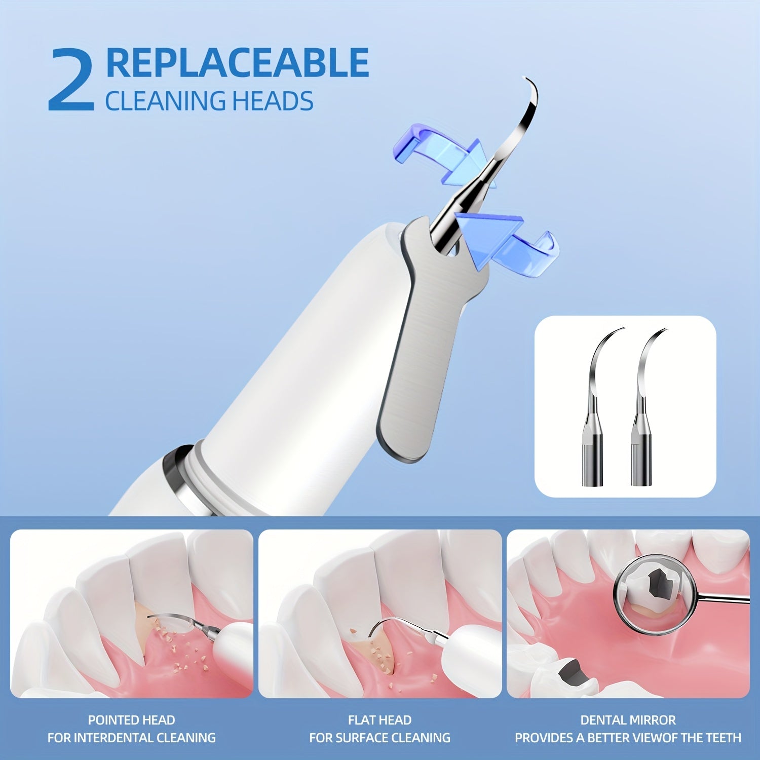 Rechargeable electric tooth cleaner in white with LED light and two replacement heads — view 5
