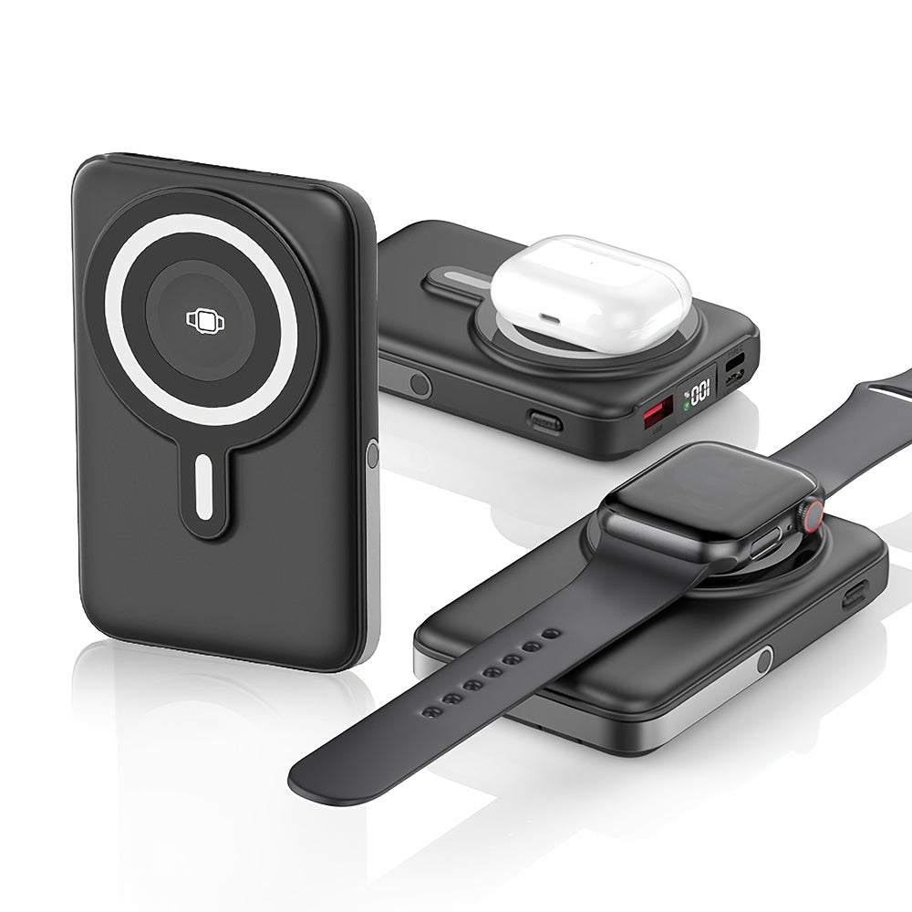 Black 3-in-1 magnetic wireless power bank with built-in stand and digital display for smartphones.