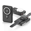 Black 3-in-1 magnetic wireless power bank with built-in stand and digital display for smartphones.