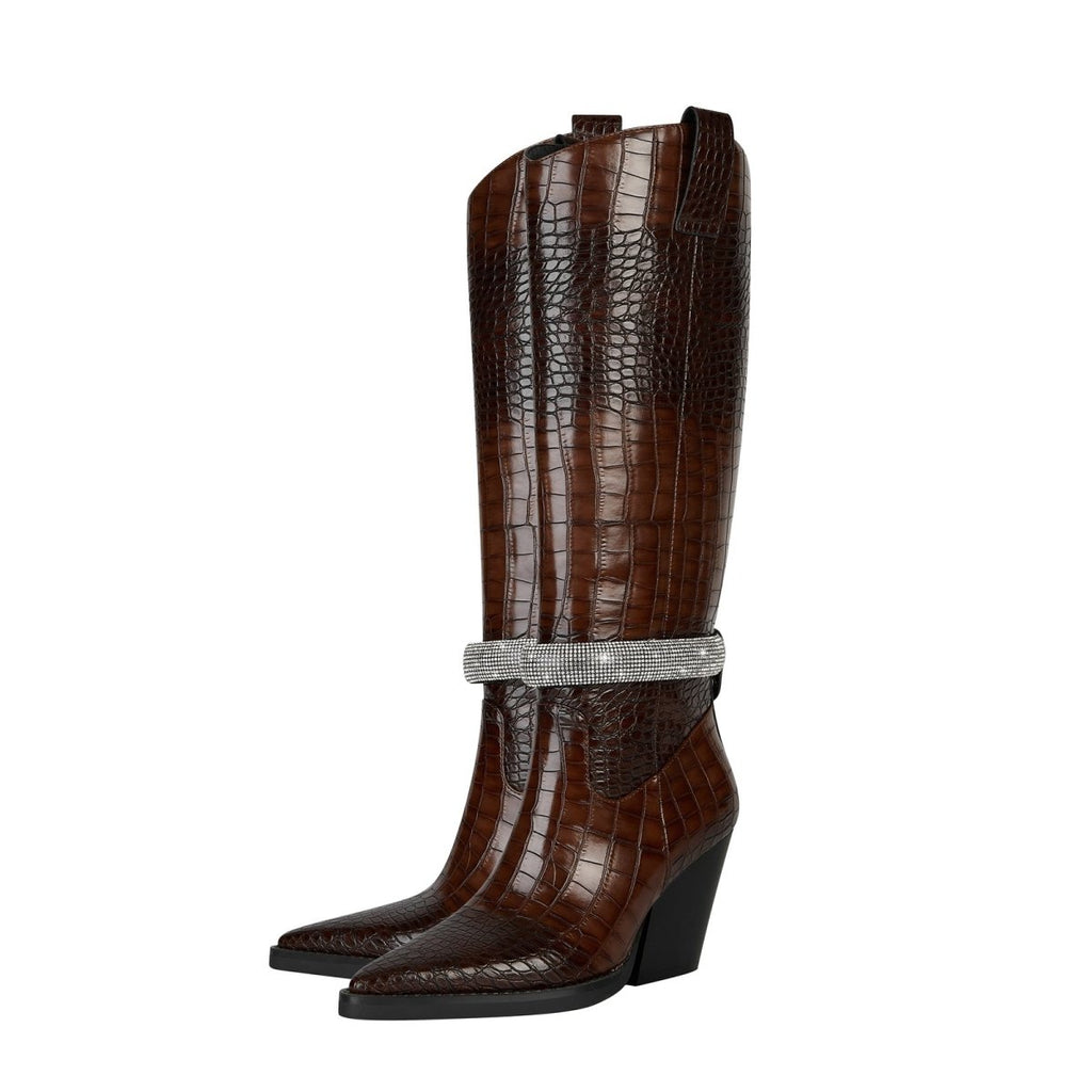 Diamond encrusted leather knee-high boots in glossy brown croc-embossed texture with pointed toe — view 4
