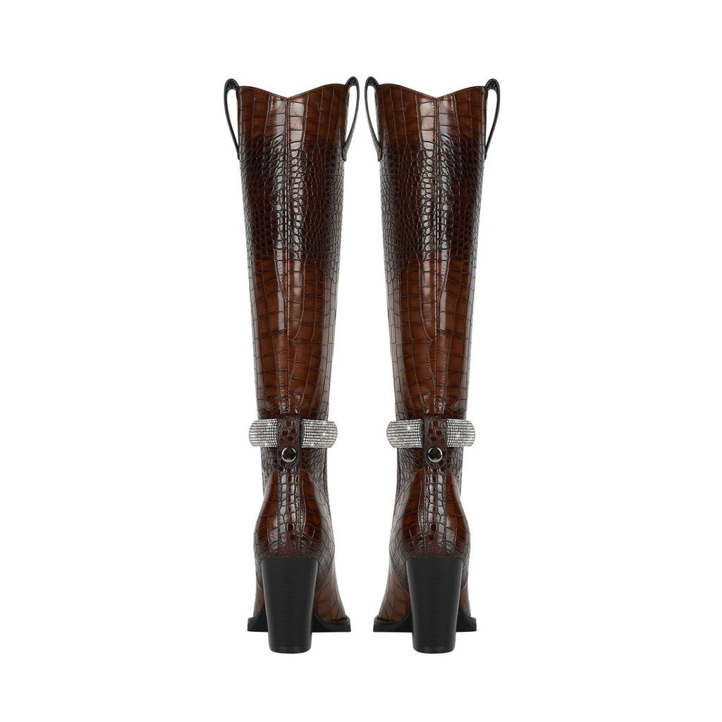Diamond encrusted leather knee-high boots in glossy brown croc-embossed texture with pointed toe — view 5