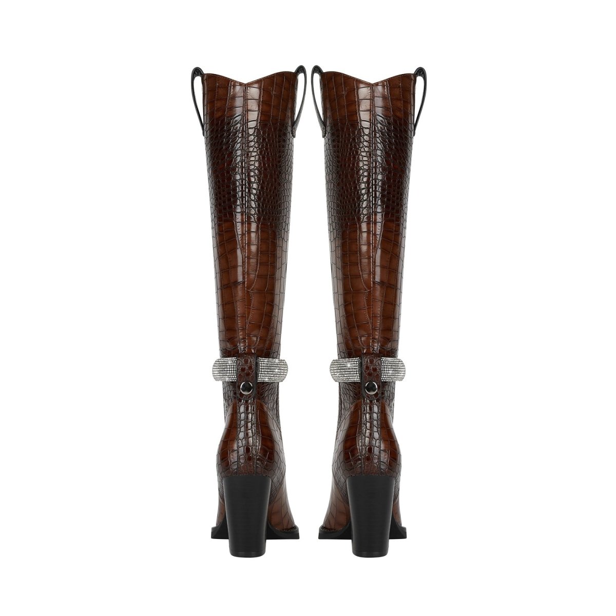 Diamond encrusted leather knee-high boots in glossy brown croc-embossed texture with pointed toe — view 5