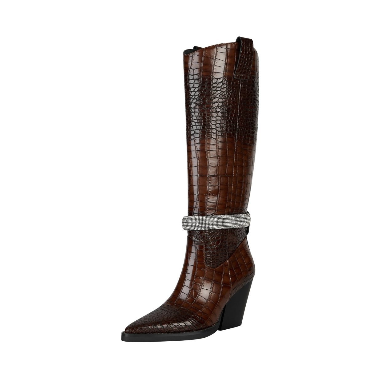 Diamond encrusted leather knee-high boots in glossy brown croc-embossed texture with pointed toe — view 3