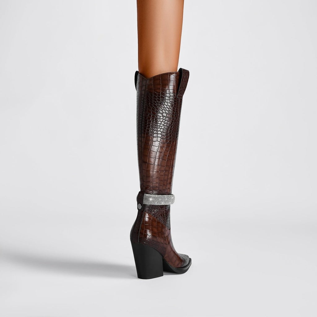 Diamond encrusted leather knee-high boots in glossy brown croc-embossed texture with pointed toe — view 2