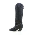 Distressed denim cowgirl boots with classic snip toe, block heels, and calf leather details
