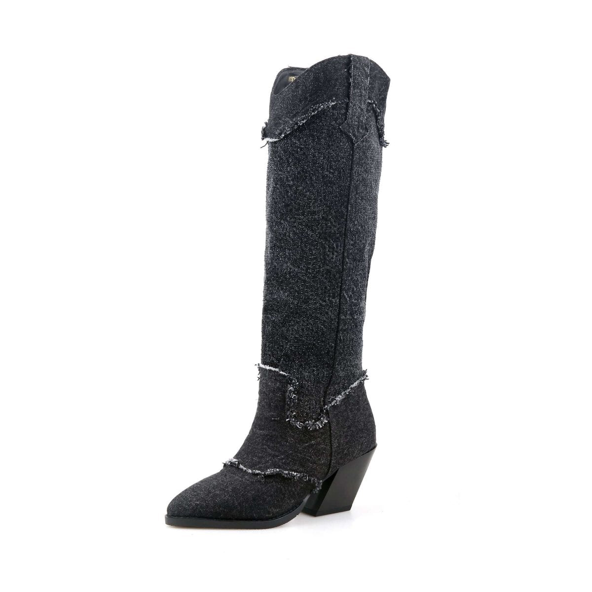 Distressed denim cowgirl boots with classic snip toe, block heels, and calf leather details — view 3