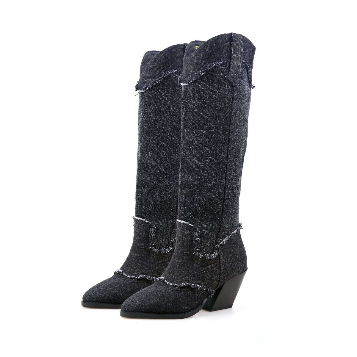 Distressed denim cowgirl boots with classic snip toe, block heels, and calf leather details — view 4