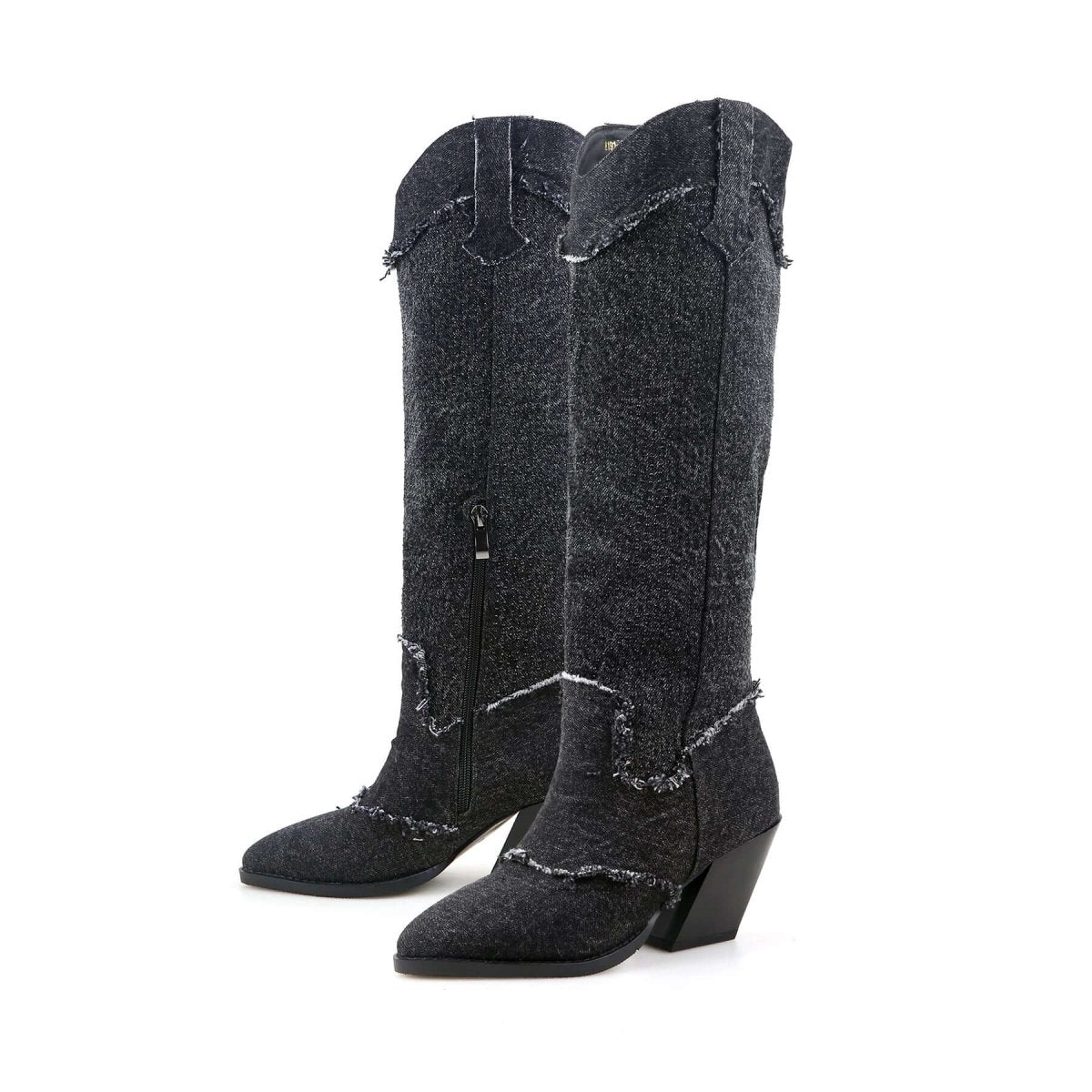 Distressed denim cowgirl boots with classic snip toe, block heels, and calf leather details — view 5