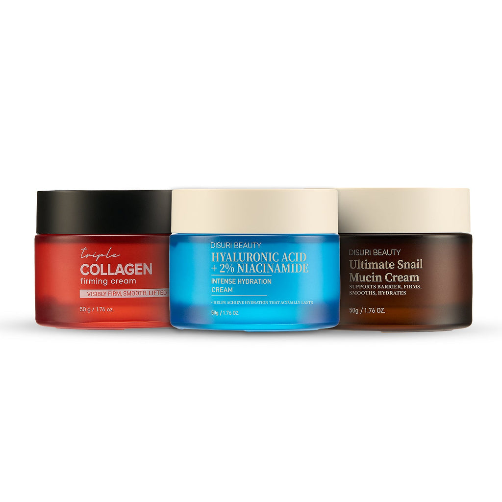 3-step Korean skincare routine set featuring copper midnight blue and crimson cream jars