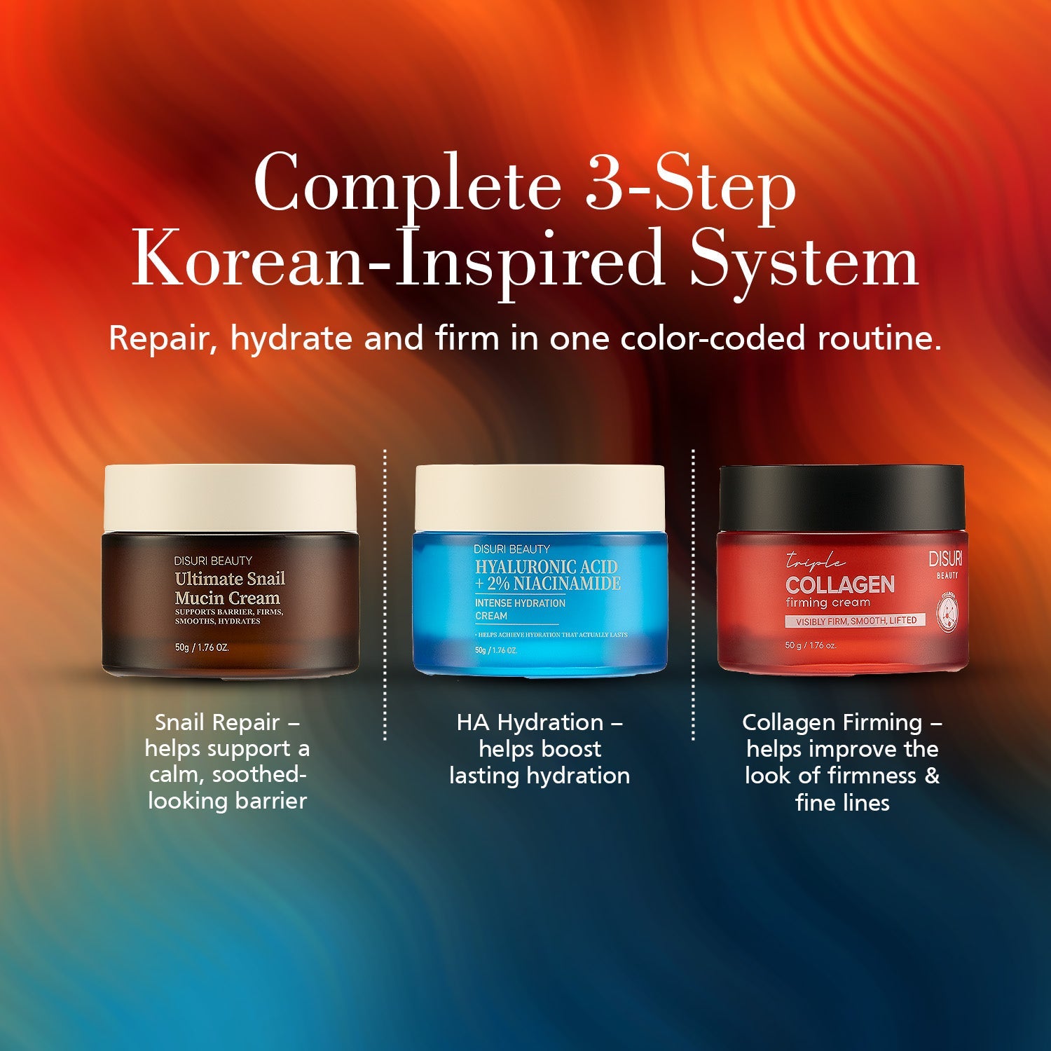 3-step Korean skincare routine set featuring copper midnight blue and crimson cream jars — view 2