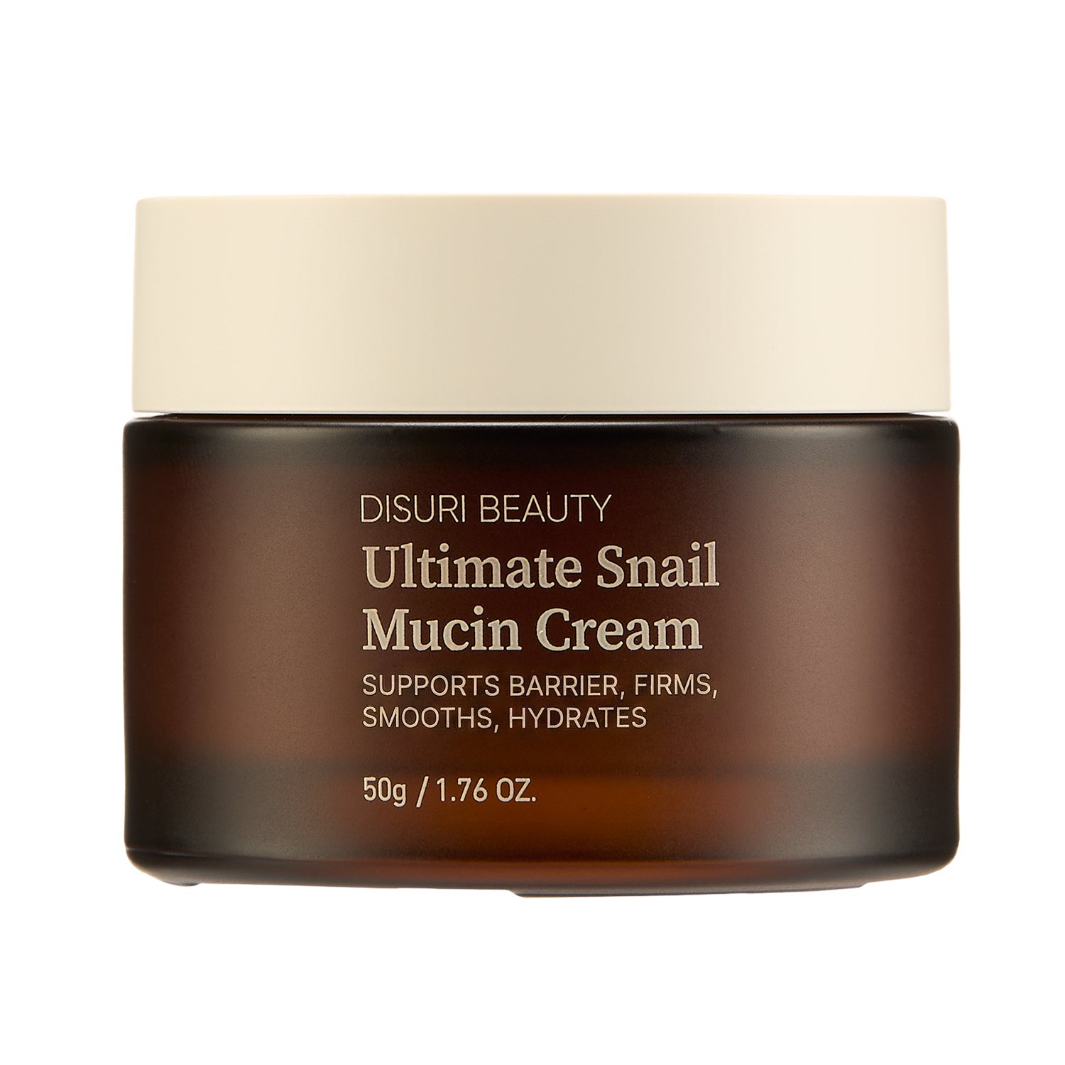 DISURI Beauty Ultimate Snail Mucin Cream jar, lightweight hydrating anti-aging facial moisturizer for sensitive skin.