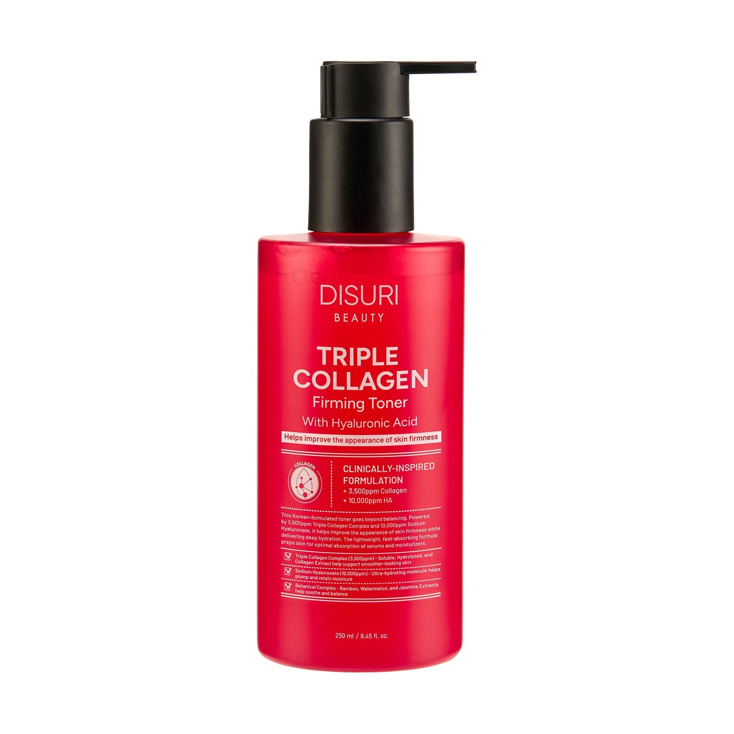 DISURI Triple Collagen Firming Toner bottle with 8.45 oz of clear hydrating liquid for face — view 2