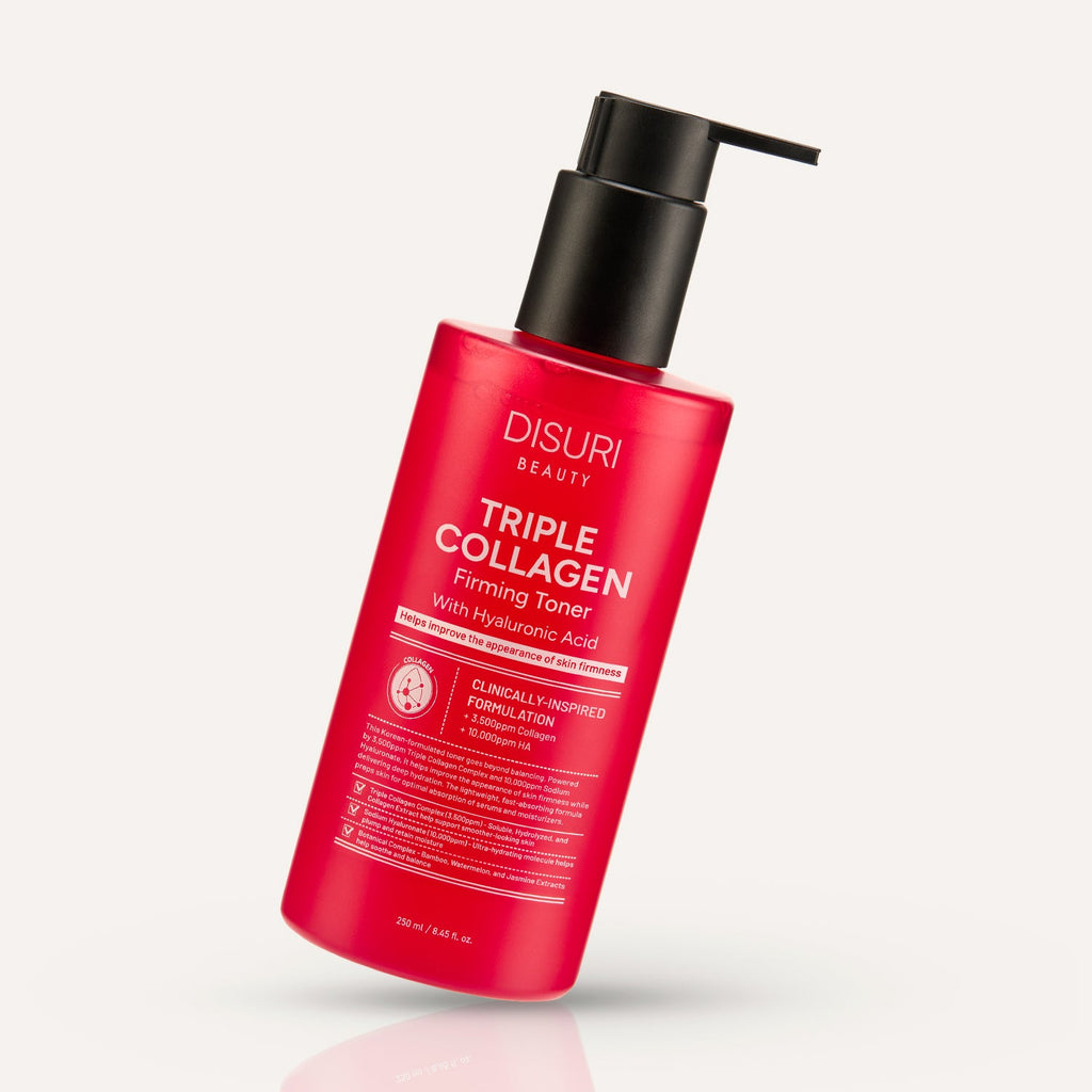 DISURI Triple Collagen Firming Toner bottle with 8.45 oz of clear hydrating liquid for face — view 3