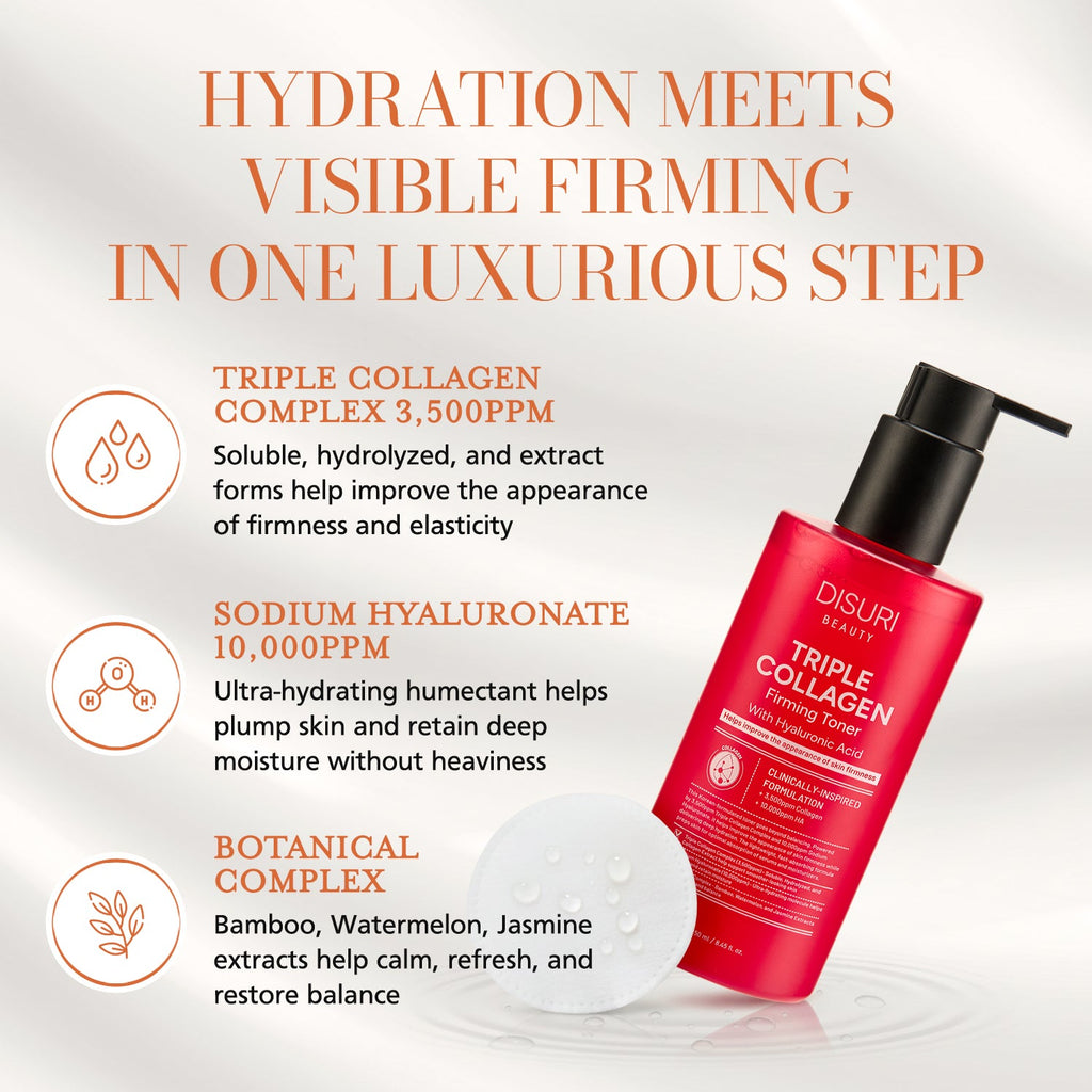 DISURI Triple Collagen Firming Toner bottle with 8.45 oz of clear hydrating liquid for face — view 5
