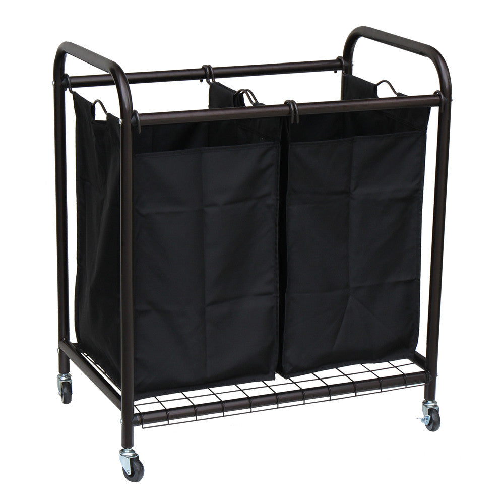 Bronze 2-bag rolling laundry sorter cart with black removable bags and four caster wheels