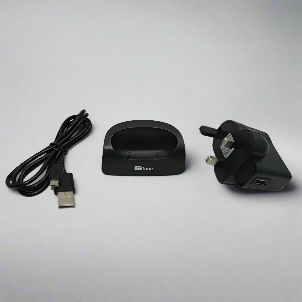 Black desktop charging dock stand for TTfone mobile phones sitting on a clean surface — view 4