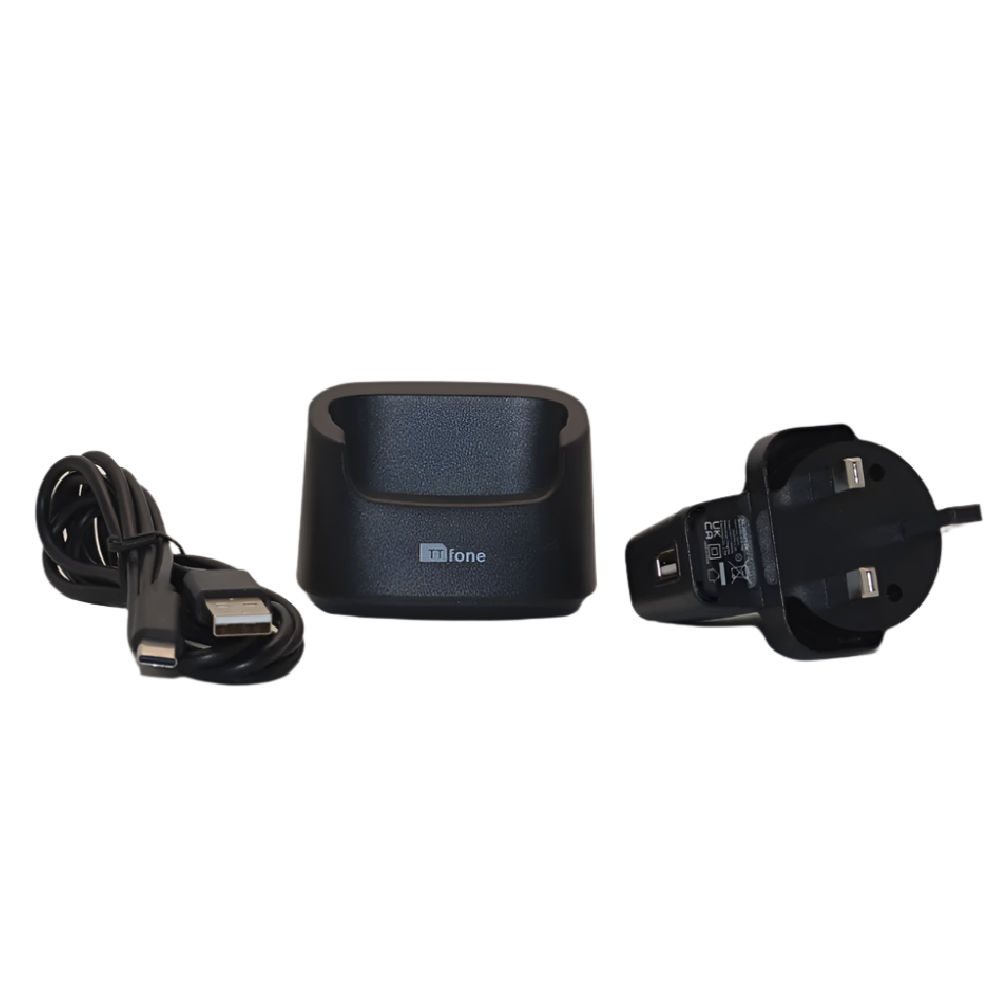 Black desktop docking cradle charger stand for mobile phones on a clean solid white background