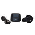 Black desktop docking cradle charger stand for mobile phones on a clean solid white background