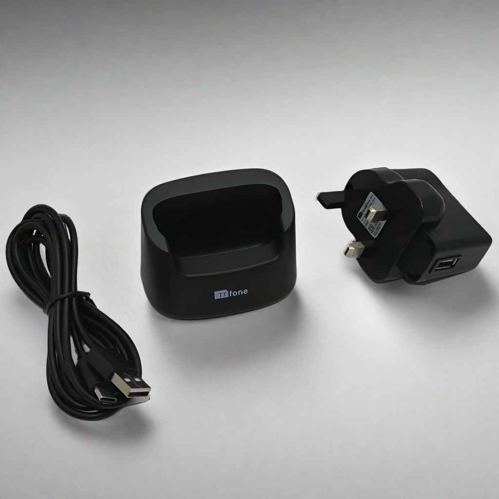 Black desktop docking cradle charger stand for mobile phones on a clean solid white background — view 2
