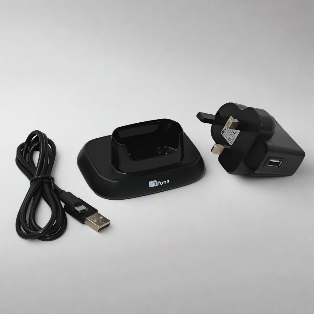 Black desktop charger stand docking cradle for TTfone Star TT300 mobile phone — view 2
