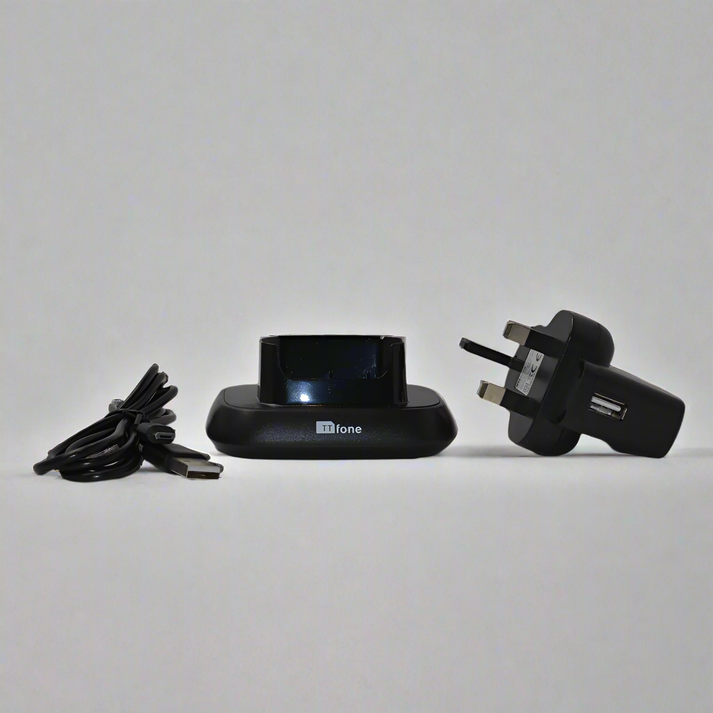 Black desktop charger stand docking cradle for TTfone Star TT300 mobile phone — view 4