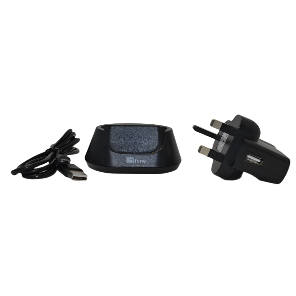 TTfone desktop charging dock stand for mobile phones in durable black plastic on flat surface