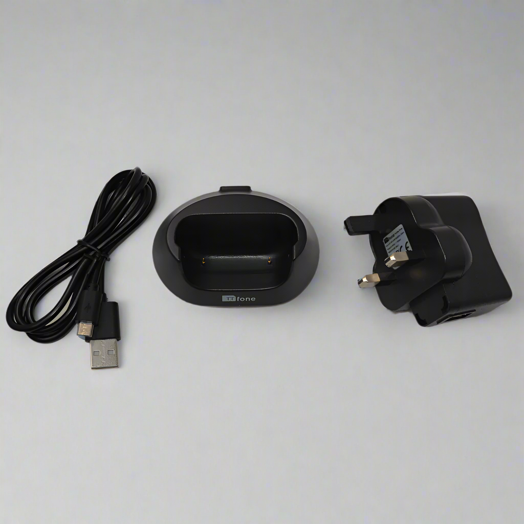 TTfone desktop charging dock stand for mobile phones in durable black plastic on flat surface — view 4