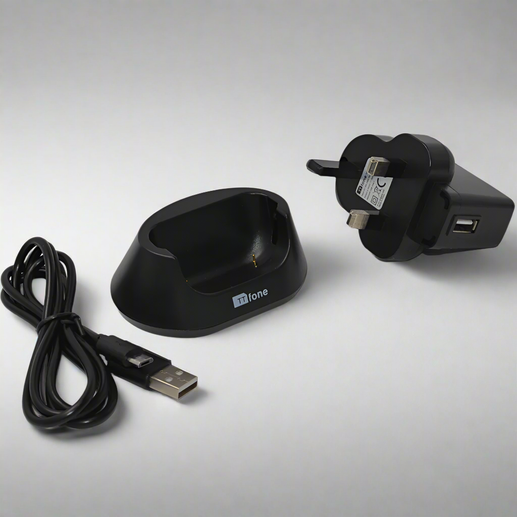 TTfone desktop charging dock stand for mobile phones in durable black plastic on flat surface — view 2