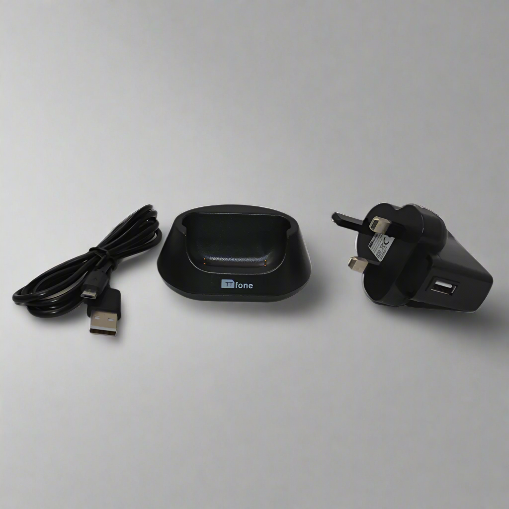 TTfone desktop charging dock stand for mobile phones in durable black plastic on flat surface — view 5