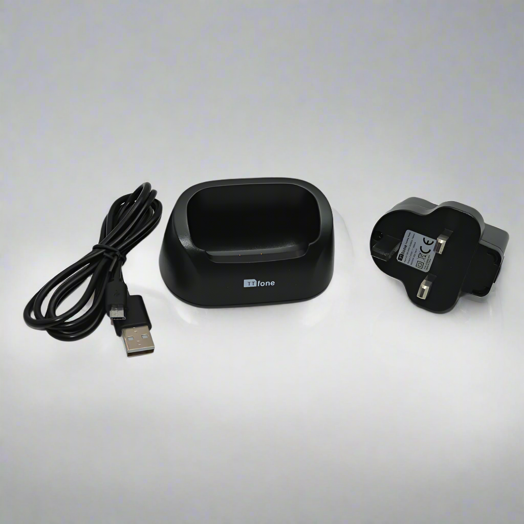 Black desktop charging docking cradle stand for Titan TT950 mobile phone with stable base — view 2