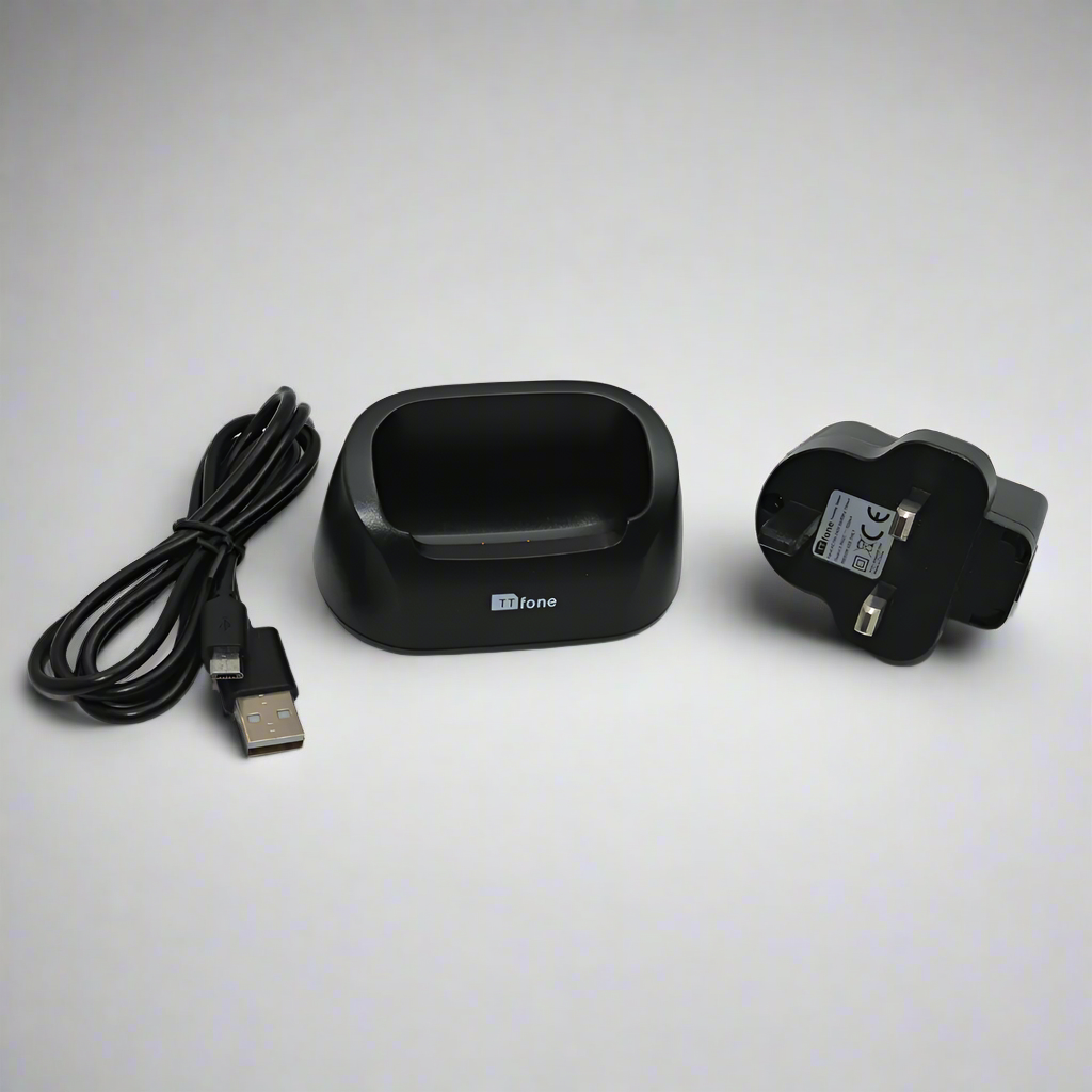 Black desktop charging docking cradle stand for Titan TT950 mobile phone with stable base — view 4