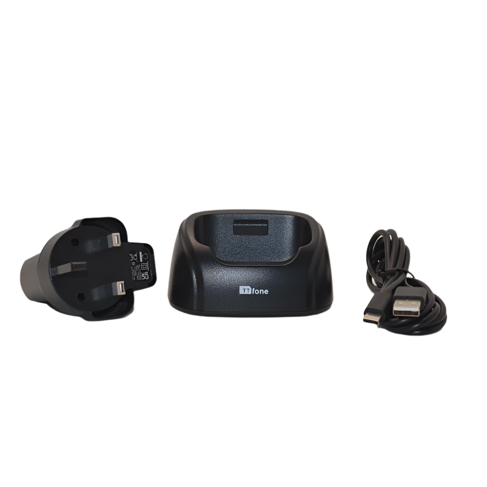Black desktop docking cradle and charging stand for TT970 mobile phone