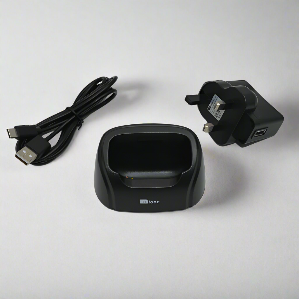 Black desktop docking cradle and charging stand for TT970 mobile phone — view 2