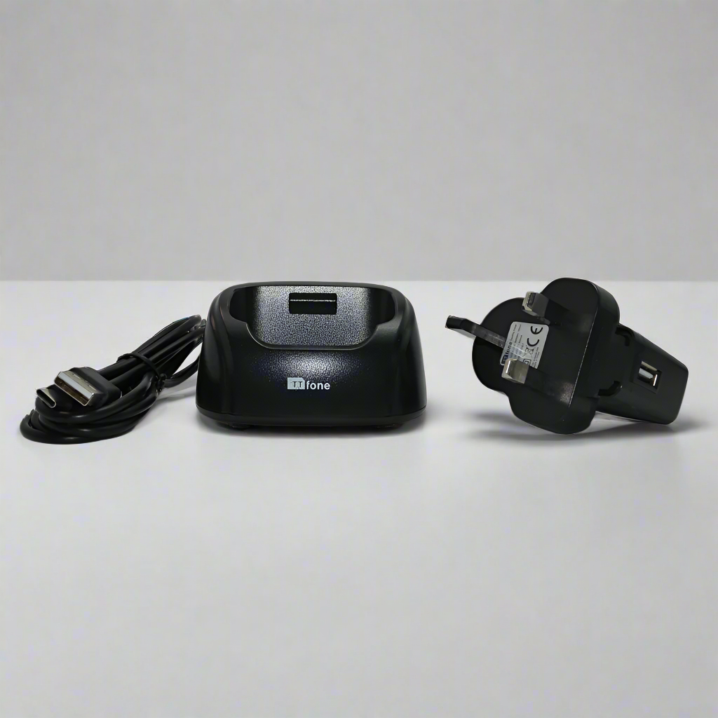 Black desktop docking cradle and charging stand for TT970 mobile phone — view 4