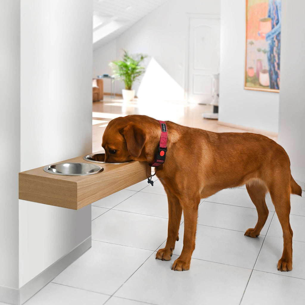 Hanging wooden dog feeder, Mounted pet feeding station, Shepherd food stand-0