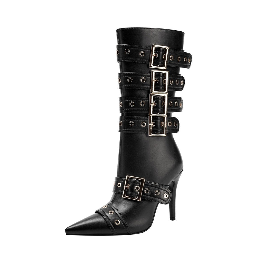 Dominatrix leather buckle strappy knee high boots with pointed toe and stiletto heel — view 5
