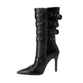 Dominatrix leather buckle strappy knee high boots with pointed toe and stiletto heel