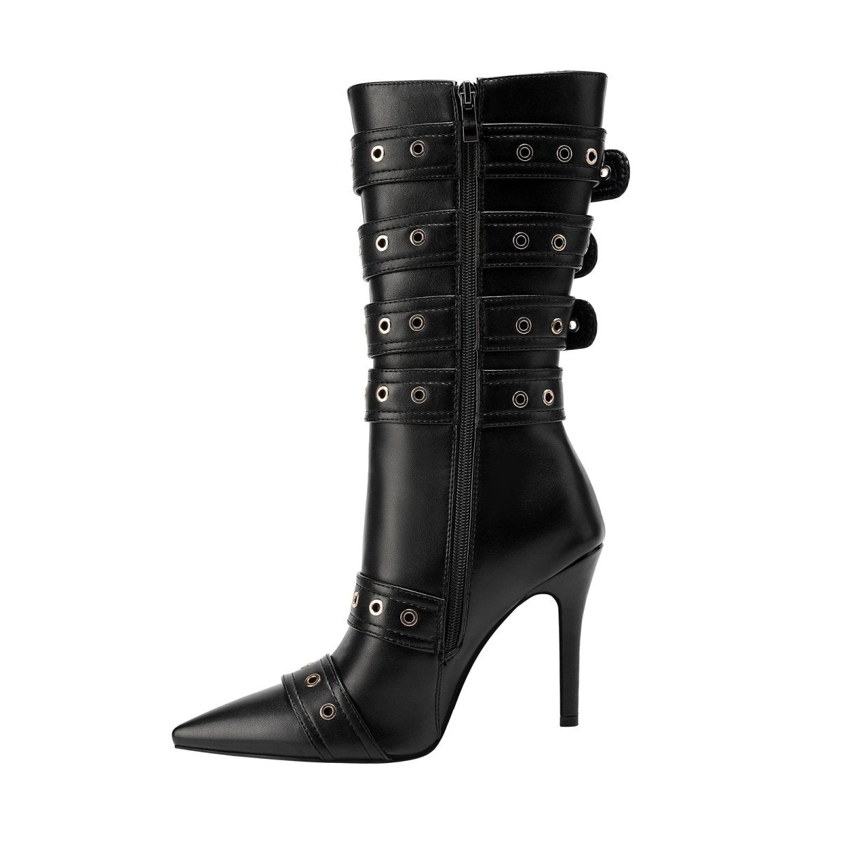 Dominatrix leather buckle strappy knee high boots with pointed toe and stiletto heel