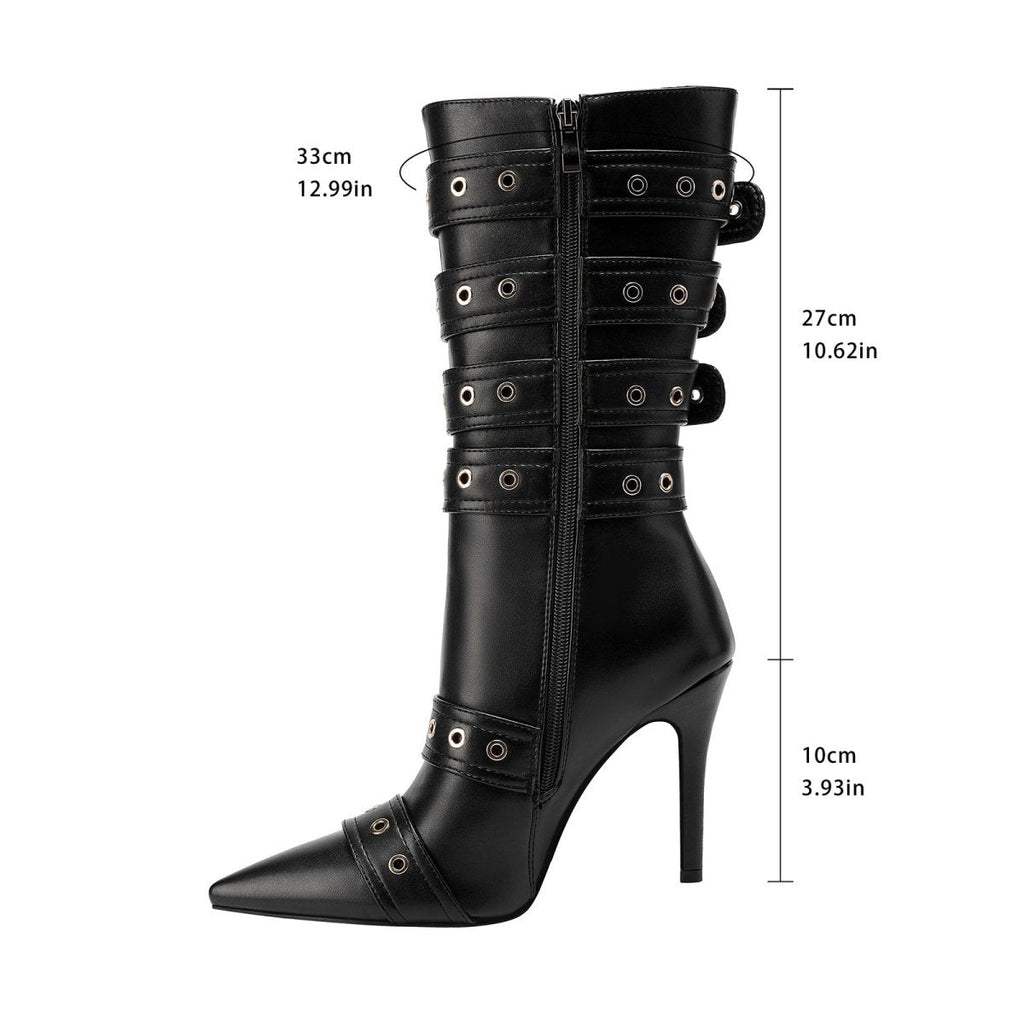 Dominatrix leather buckle strappy knee high boots with pointed toe and stiletto heel — view 4