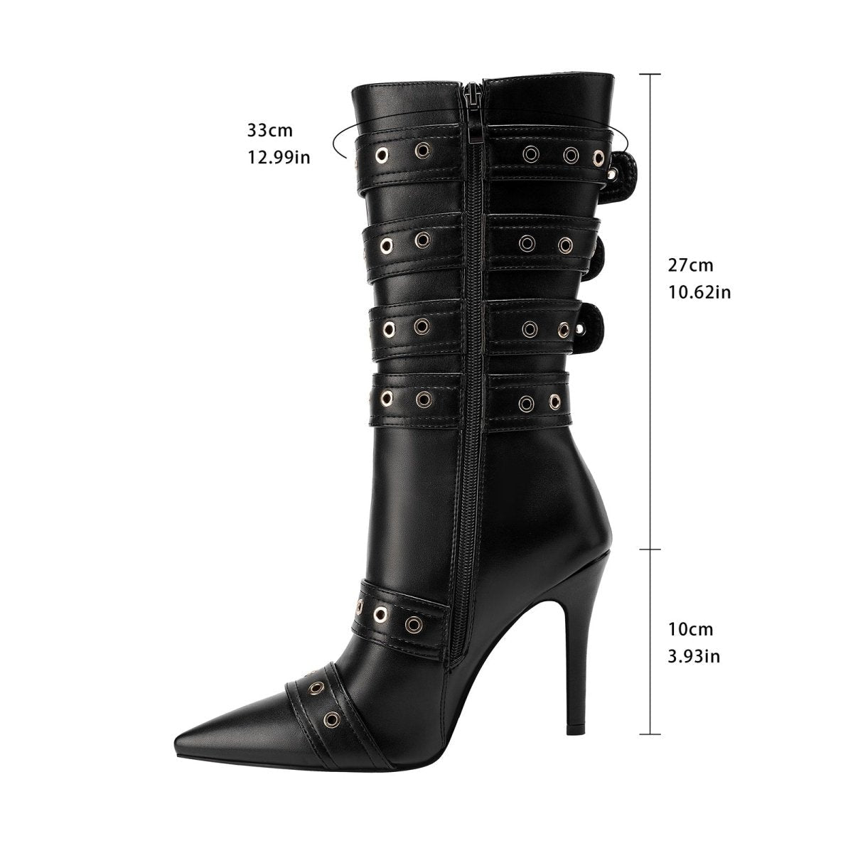 Dominatrix leather buckle strappy knee high boots with pointed toe and stiletto heel — view 4