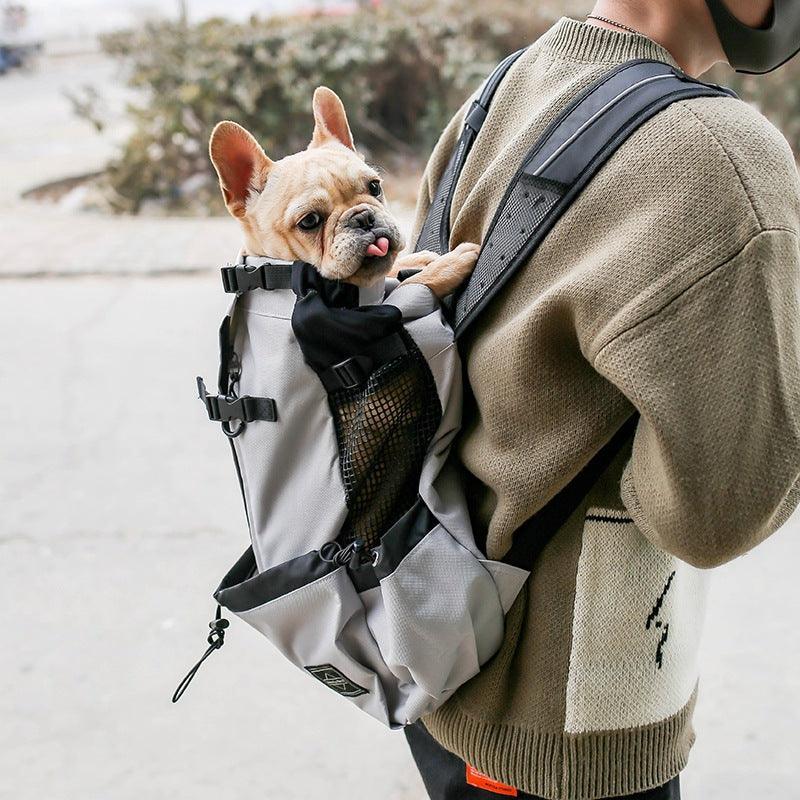 Portable pet carrier backpack in solid color fabric with adjustable shoulder straps for dogs and cats