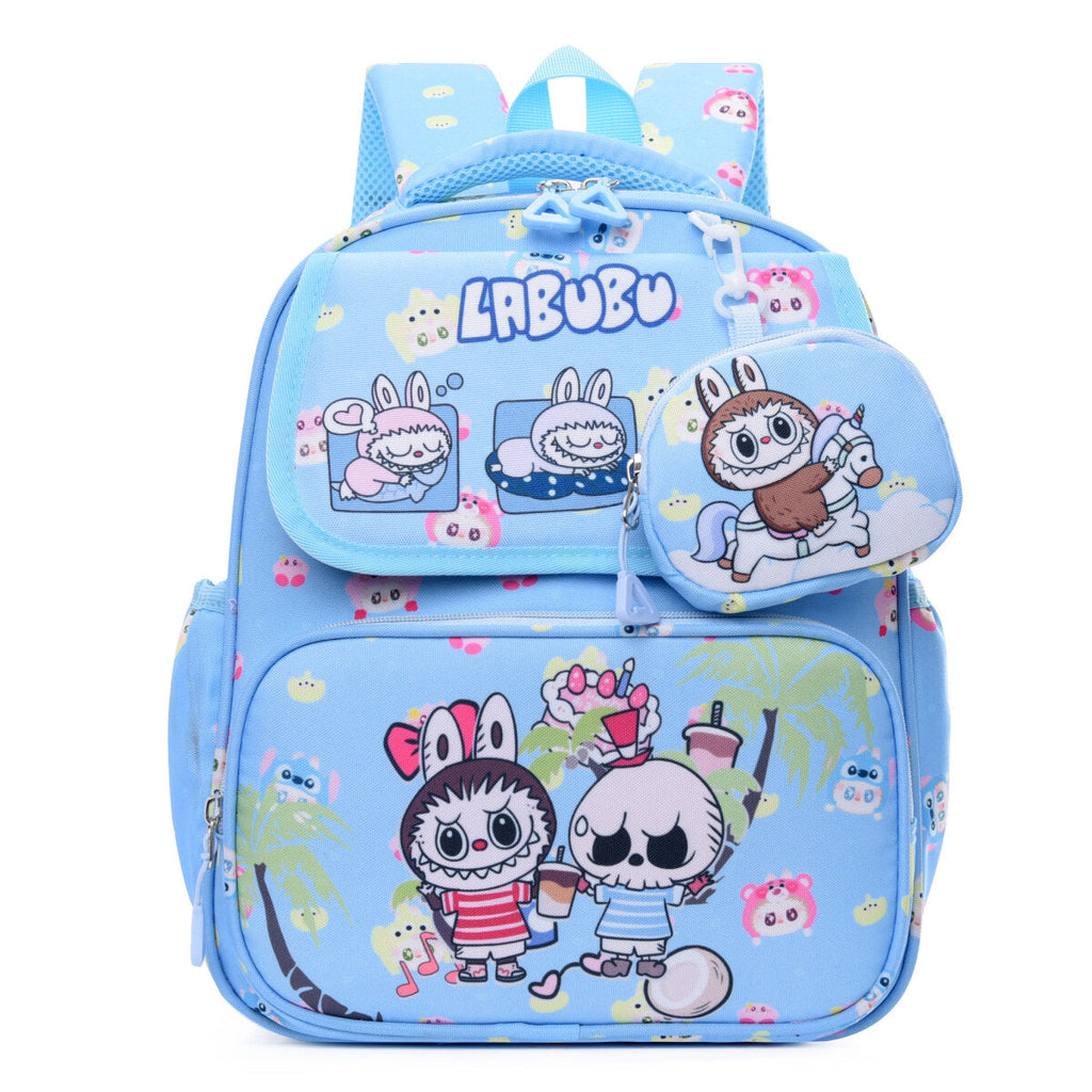 Double Trouble Labubu kids backpack in playful colorful prints with matching detachable mini pouch — view 4
