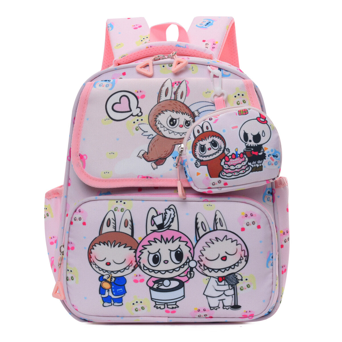 Double Trouble Labubu kids backpack in playful colorful prints with matching detachable mini pouch — view 2