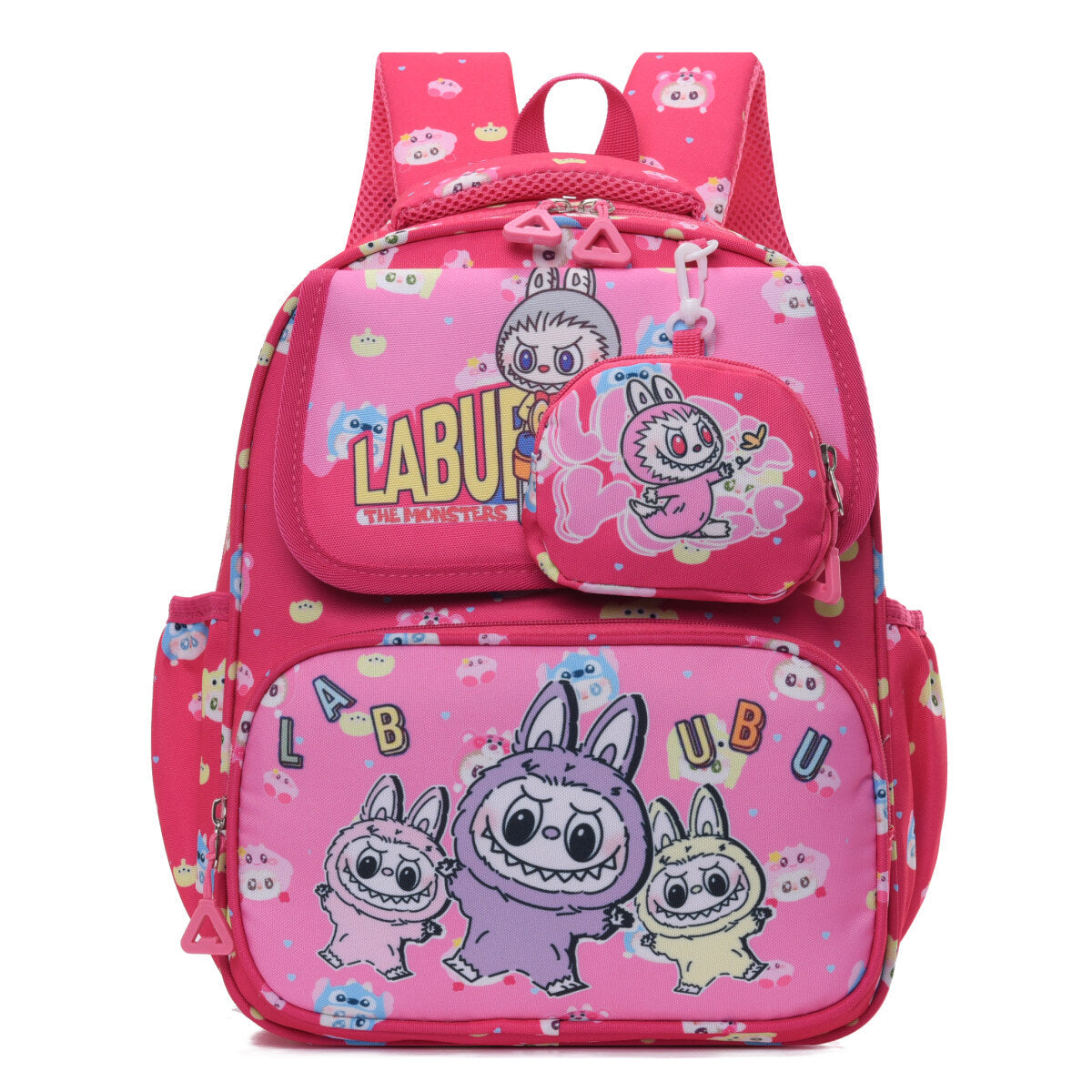Double Trouble Labubu kids backpack in playful colorful prints with matching detachable mini pouch — view 3