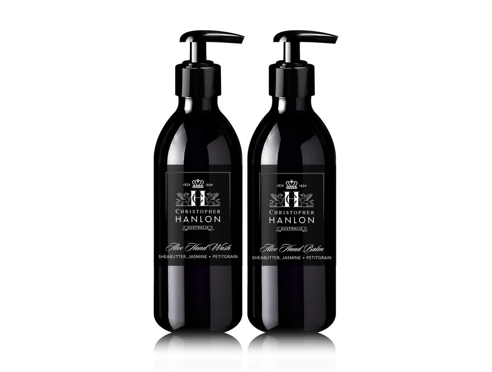 Rosemary and lemon cedarwood hand wash and balm set in reusable premium bottles