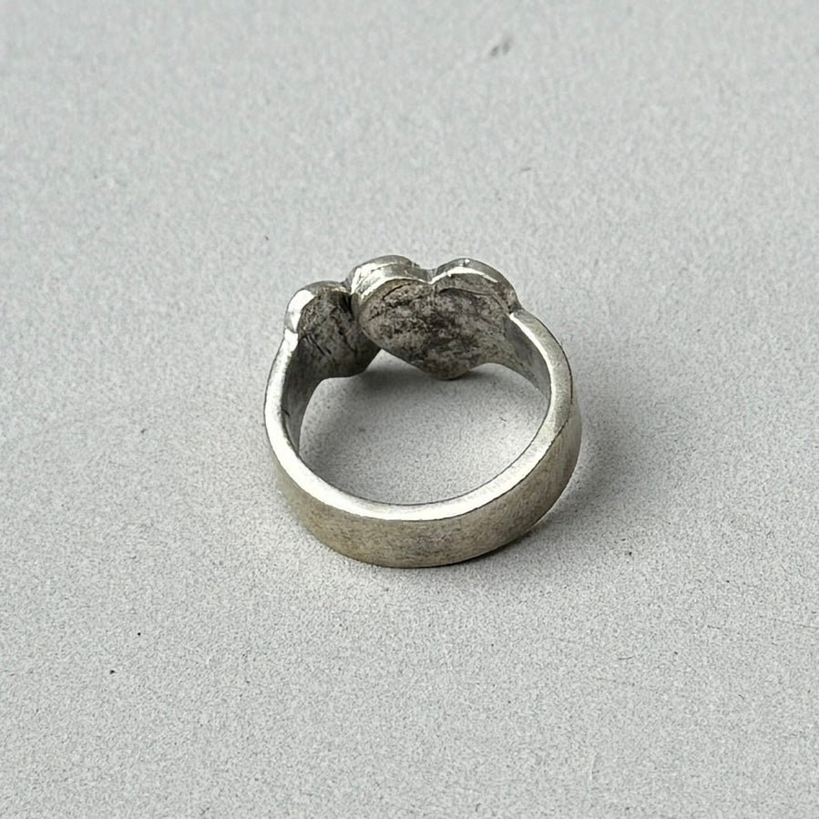 Crossed hearts silver ring with adjustable open back and distressed vintage style finish. — view 2