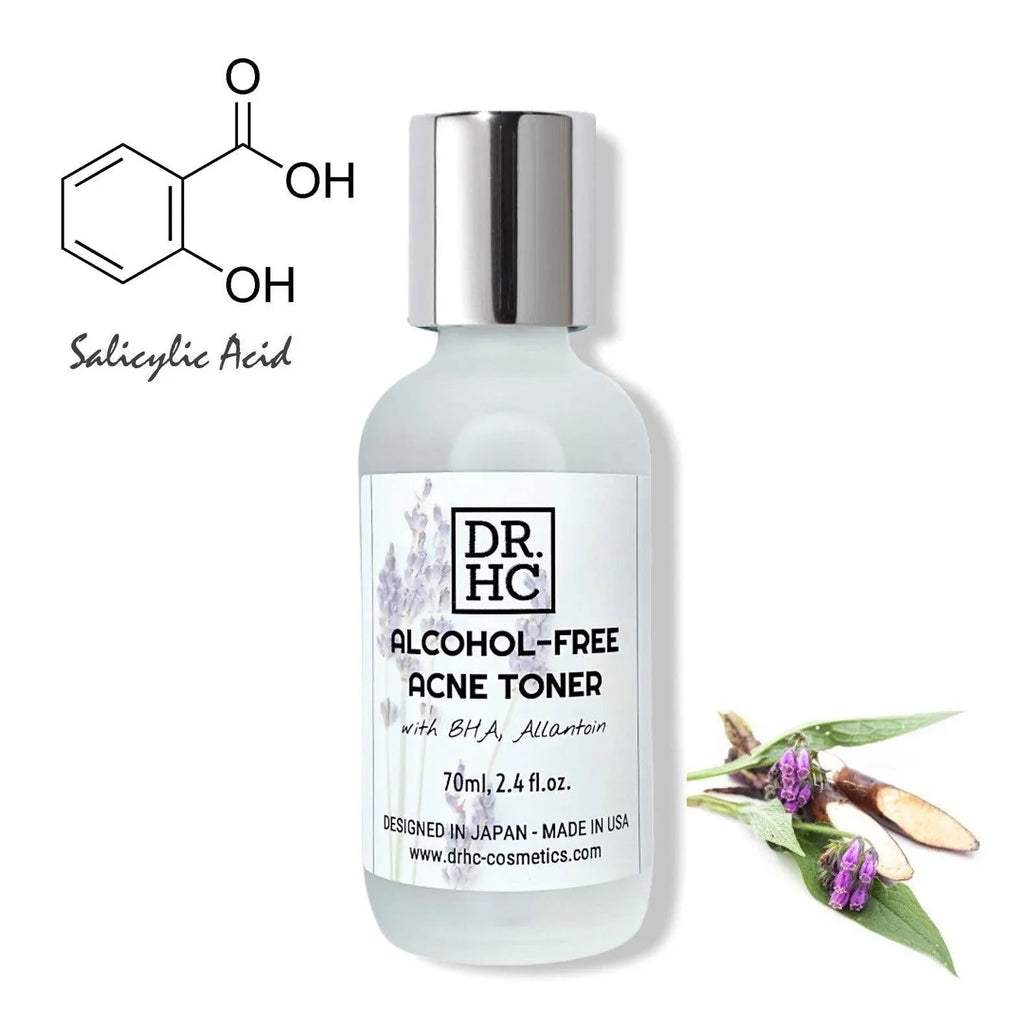 Clear bottle of liquid alcohol-free acne face toner with salicylic acid for sensitive breakout-prone skin.
